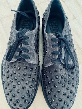 Pertain Studded Suede Lace-Up Oxfords in Charcoal, size 38